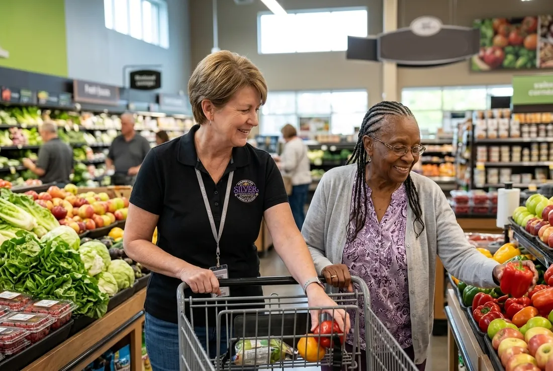 A Silver Home Care caregiver in a black polo grocery shopping with a client