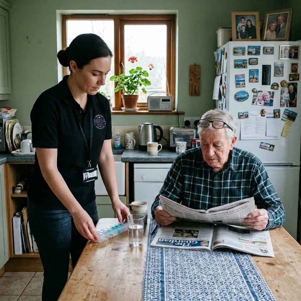 A Silver Home Care caregiver presenting a client her own prepared pill box with a glass of water