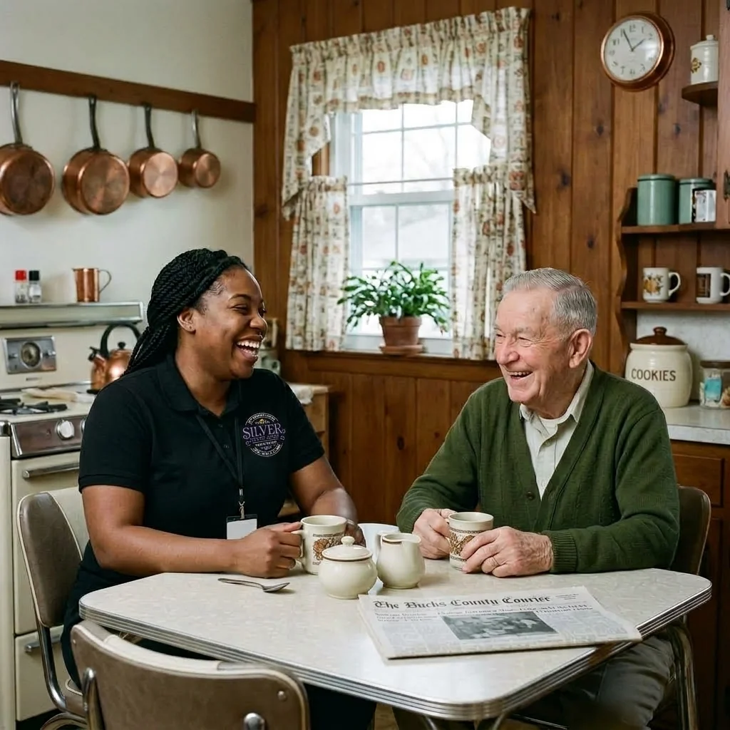 A Silver Home Care caregiver laughing with a client over coffee at his kitchen table
