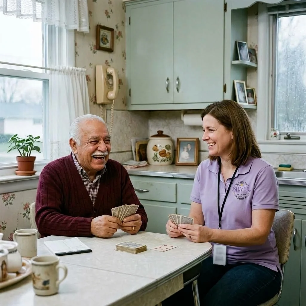 A Silver Home Care caregiver playing cards with a laughing client at his kitchen table